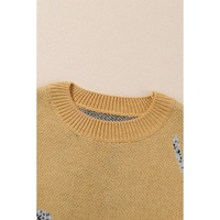 Camel Fuzzy Cheetah Accent Round Neck Sweater - L thumbnail