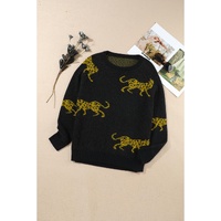 Black Cheetah Pattern Knit Round Neck Sweater - L thumbnail