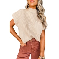 Oatmeal Patch Pocket Ribbed Knit Short Sleeve Sweater - L thumbnail