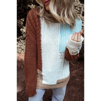 Khaki Mix Textured Knit Colorblock Patchwork Sweater - L thumbnail