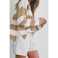 Light French Beige Colorblock Striped Drop Shoulder Side Slit Sweater - L thumbnail