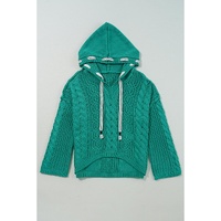 Sea Green Cable Knit V Neck Contrast Drawstring Hooded Sweater - S thumbnail