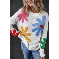 White Colorful Big Flower Pattern Crewneck Sweater - L thumbnail