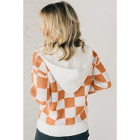 Gold Flame Checkered Split Neck Contrast Kangaroo Pocket Hooded Sweater - L thumbnail