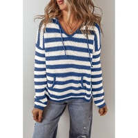 Blue Stripe V Neck Pocketed Drawstring Hooded Sweater - S thumbnail