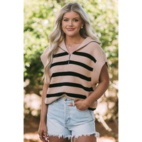 Khaki Stripe Zipped Collar Short Sleeve Sweater - L thumbnail
