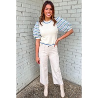 White Crochet Striped Bubble Sleeve Knit Sweater - M thumbnail