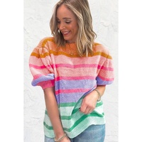 Rose Red Colorful Stripe Bubble Short Sleeve Sweater - M thumbnail