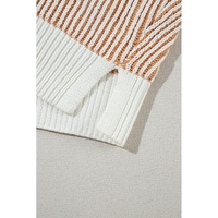 Chestnut Striped Textured Knit Contrast Edge Loose Sweater - L thumbnail