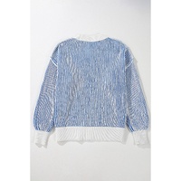 Dark Blue Striped Textured Knit Contrast Edge Loose Sweater - 3XL thumbnail