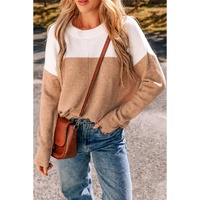 Straw Yellow Colorblock Ribbed Trim Round Neck Sweater - L thumbnail