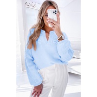 Beau Blue Flower Detail Knitted Notched Neck Sweater - S thumbnail