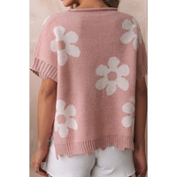 Light Pink Pearled Flower Distressed Edge Sweater T Shirt - L thumbnail