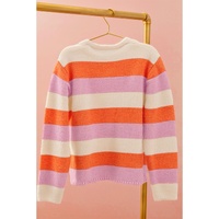 Orange Stripe Colorblock V Neck Casual Sweater - L thumbnail