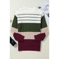Green Color Block Striped Buttoned Shoulder Split Sweater - XL thumbnail