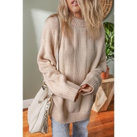 Pale Khaki Solid Color Cable Knit Ribbed Loose Sweater - L thumbnail