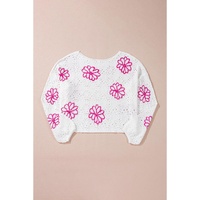 White Contrast Flower Print Eyelet Drop Shoulder Sweater - XL thumbnail