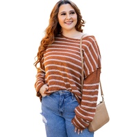 Brown Stripe Drop Shoulder Casual Sweater - L thumbnail