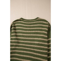 Green Stripe Drop Shoulder Casual Sweater - M thumbnail