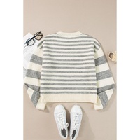 Gray Stripe Drop Shoulder Crew Neck Sweater - L thumbnail