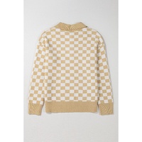 Apricot Checkered Buttons Collar V Neck Drop Shoulder Sweater - L thumbnail