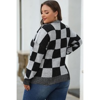 Black Checkered Drop Shoulder Buttoned V Neck Cardigan - XL thumbnail