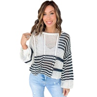 White Stripe Contrast Striped Crochet Puff Sleeve Sweater - M thumbnail