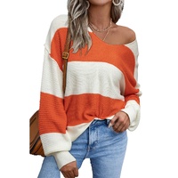 Orange Stripe Loose Color Block Drop Shoulder Bubble Sleeve Sweater - L thumbnail