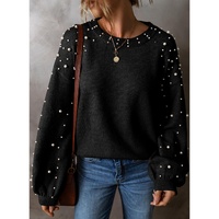 Black Pearled Drop Shoulder Round Neck Sweater - M thumbnail
