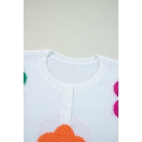 White Floral Print Buttoned Loose Lightweight Sweater - M thumbnail