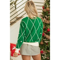 Dark Green Diamond Pattern Pom Accents Contrast Trim High Neck Sweater - M thumbnail