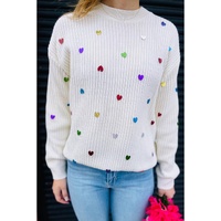 Beige Sequin Heart Shape Waffle Knit Round Neck Sweater - L thumbnail