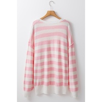 Pink Stripe Half Buttons Drop Shoulder Sweater - L thumbnail