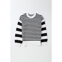 Black white Striped Drop Shoulder Bishop Sleeve Knit Sweater - XL thumbnail