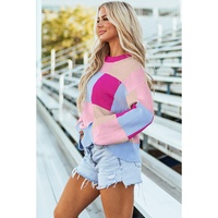 Rose Red Color Block Drop Shoulder Crewneck Loose Fit Sweater - XL thumbnail