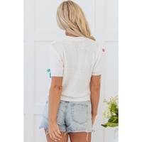 White Colorful Bow Knit Mock Neck Short Sleeve Sweater - M thumbnail