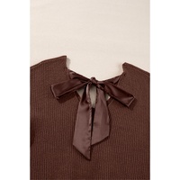 Coffee Lantern Sleeve V Neck Knot Back Sweater - L thumbnail