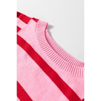 Pink Stripe Bubble Sleeve Drop Shoulder Ribbed Trim Sweater - L thumbnail