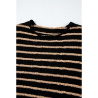 Black Stripe Drop Shoulder Round Neck Loose Sweater - L thumbnail