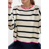 White Stripe Color Contrast Drop Shoulder Crew Neck Sweater - M thumbnail