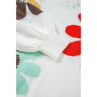 White Big Flower Pattern V Neck Drop Shoulder Sweater - M thumbnail