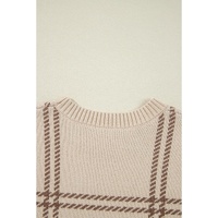 Khaki Plaid Pattern Knitted Drop Shoulder Sweater - L thumbnail
