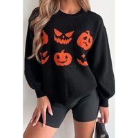 Black Halloween Pumpkin Face Pattern Drop Shoulder Sweater - XL thumbnail