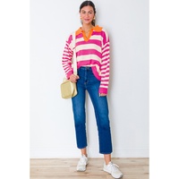 Rose Stripe Color Block Collared V Neck Drop Shoulder Sweater - S thumbnail