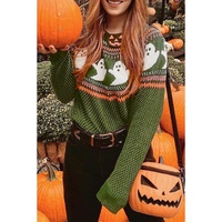 Jungle Green Halloween Ghost Pattern Drop Shoulder Sweater - S thumbnail