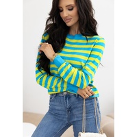 Green Stripe Crew Neck Drop Shoulder Casual Sweater - L thumbnail