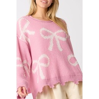 Pink Pearl Beaded Bowknot Pattern Distressed Split Hem Sweater - L thumbnail