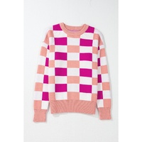 Pink Checkered Ribbed Edge O Neck Drop Shoulder Sweater - XL thumbnail