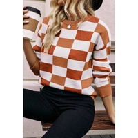 Orange Checkered Ribbed Edge O Neck Drop Shoulder Sweater - L thumbnail