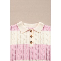 Pink Stripe Cable Knit Collared Henley Sweater - L thumbnail